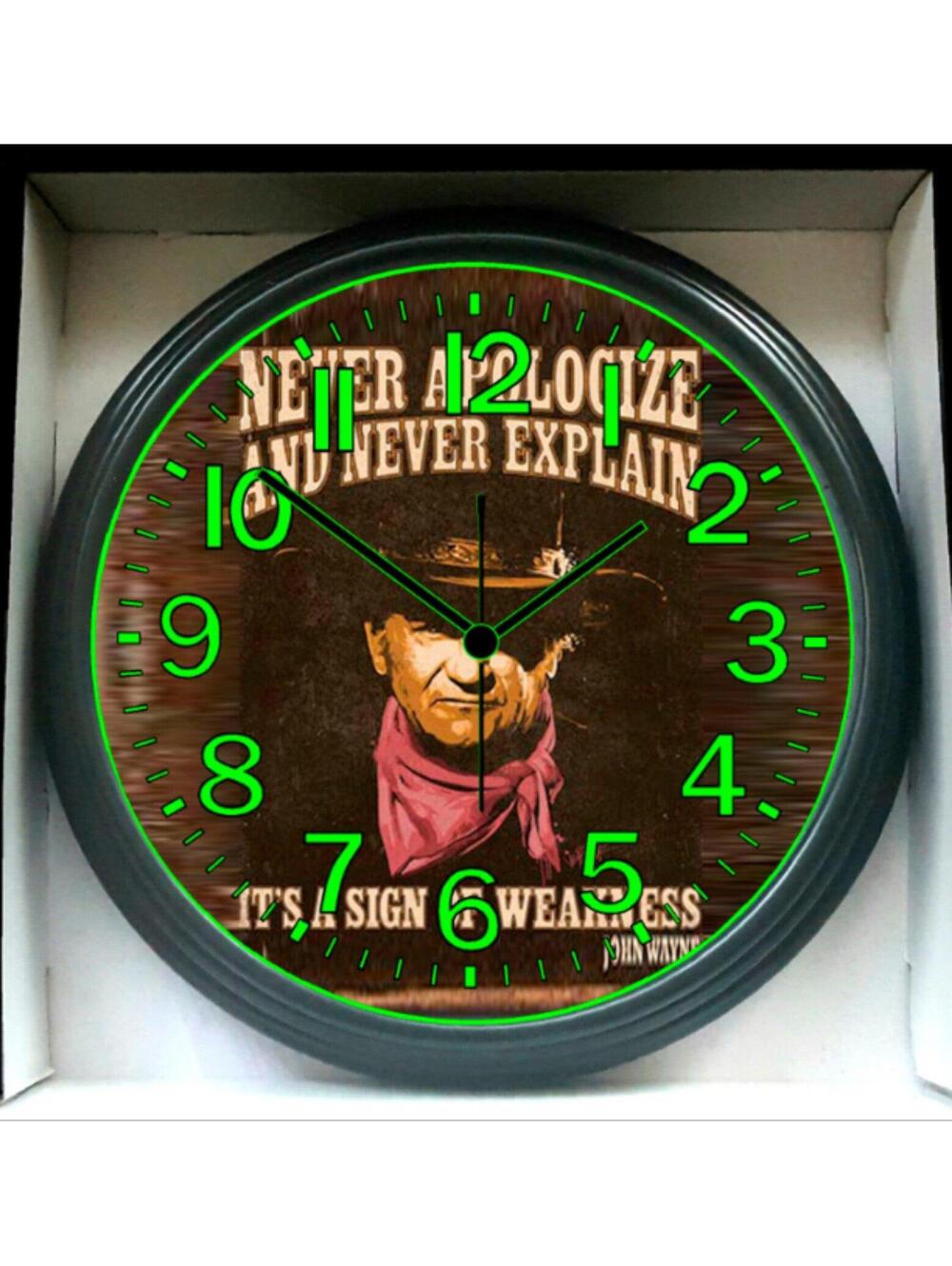 John Wayne Never Apologize Never Explained Glow In The Dark Wall Clock New!